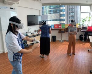 A group of colleagues using VR technology for team training